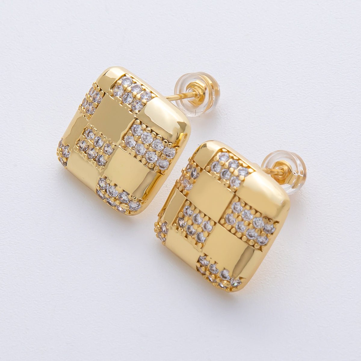 14K Gold Filled 15mm Micro Paved CZ Checkered Square Stud Earrings in Gold & Silver | Earr - 00021 Earr - 00022 - DLUXCA
