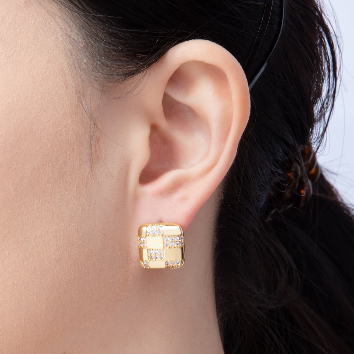 14K Gold Filled 15mm Micro Paved CZ Checkered Square Stud Earrings in Gold & Silver | Earr - 00021 Earr - 00022 - DLUXCA