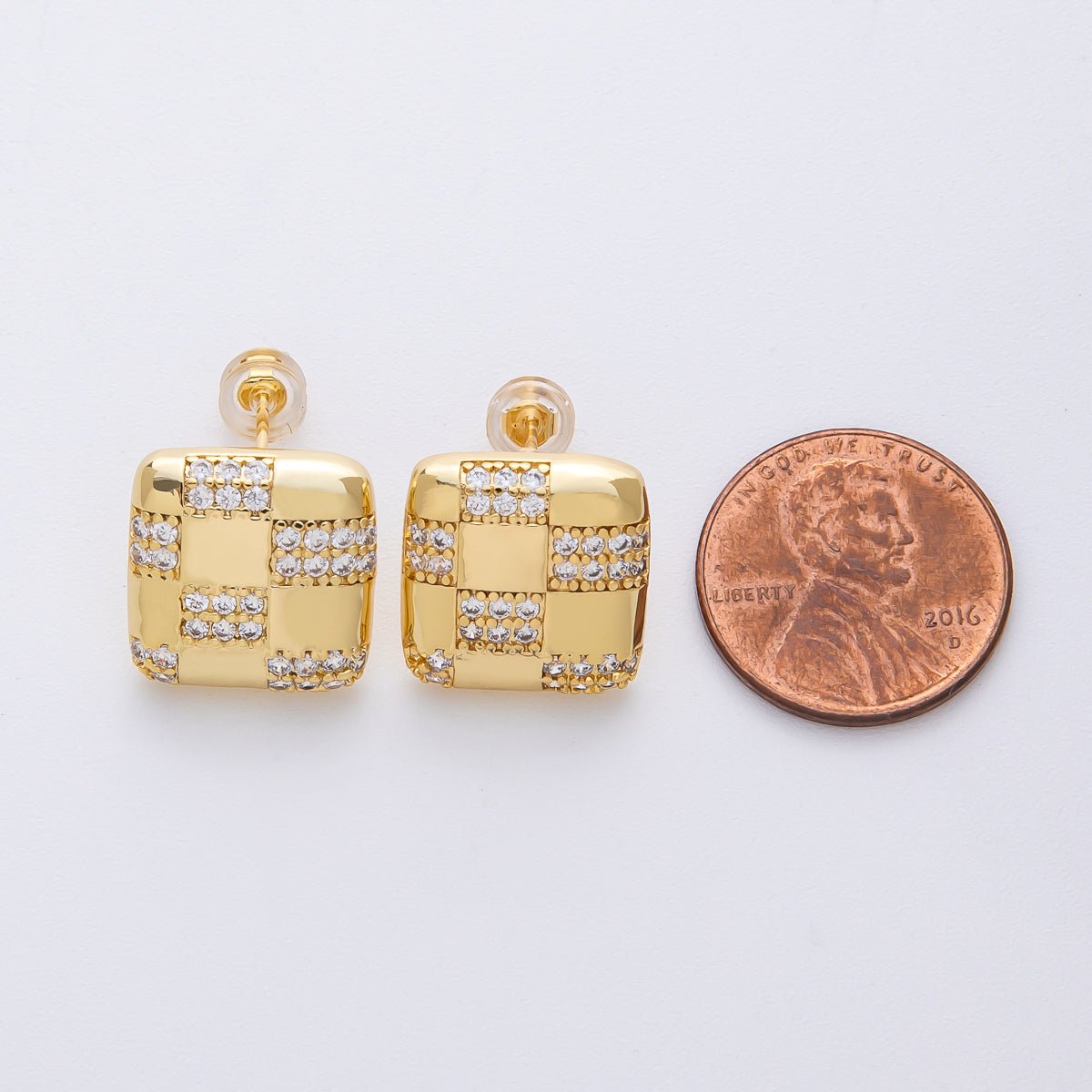 14K Gold Filled 15mm Micro Paved CZ Checkered Square Stud Earrings in Gold & Silver | Earr - 00021 Earr - 00022 - DLUXCA