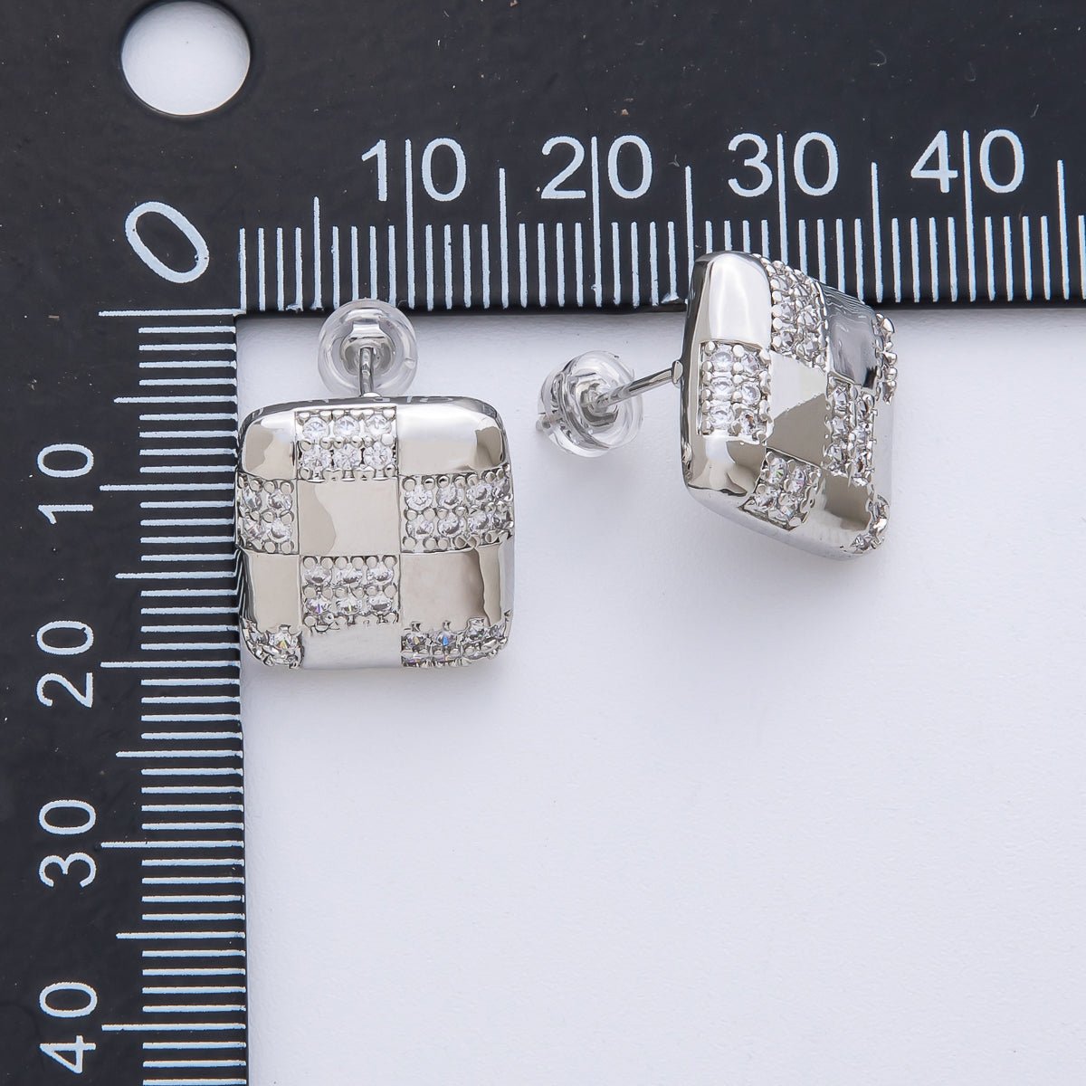 14K Gold Filled 15mm Micro Paved CZ Checkered Square Stud Earrings in Gold & Silver | Earr - 00021 Earr - 00022 - DLUXCA
