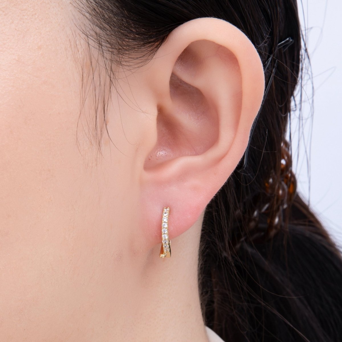 14K Gold Filled 15mm Micro Paved CZ X Crossed Cartilage Huggie | EARRINGS - 00248 - DLUXCA