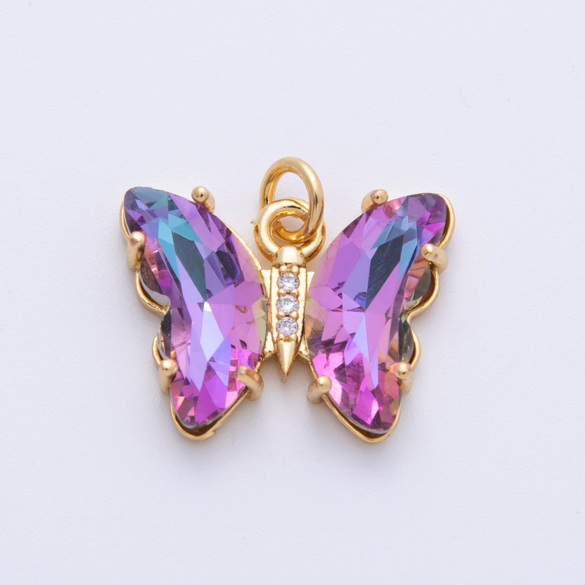 14K Gold Filled 15mm Violet Acrylic Micro Paved CZ Butterfly Charm | E848 - DLUXCA