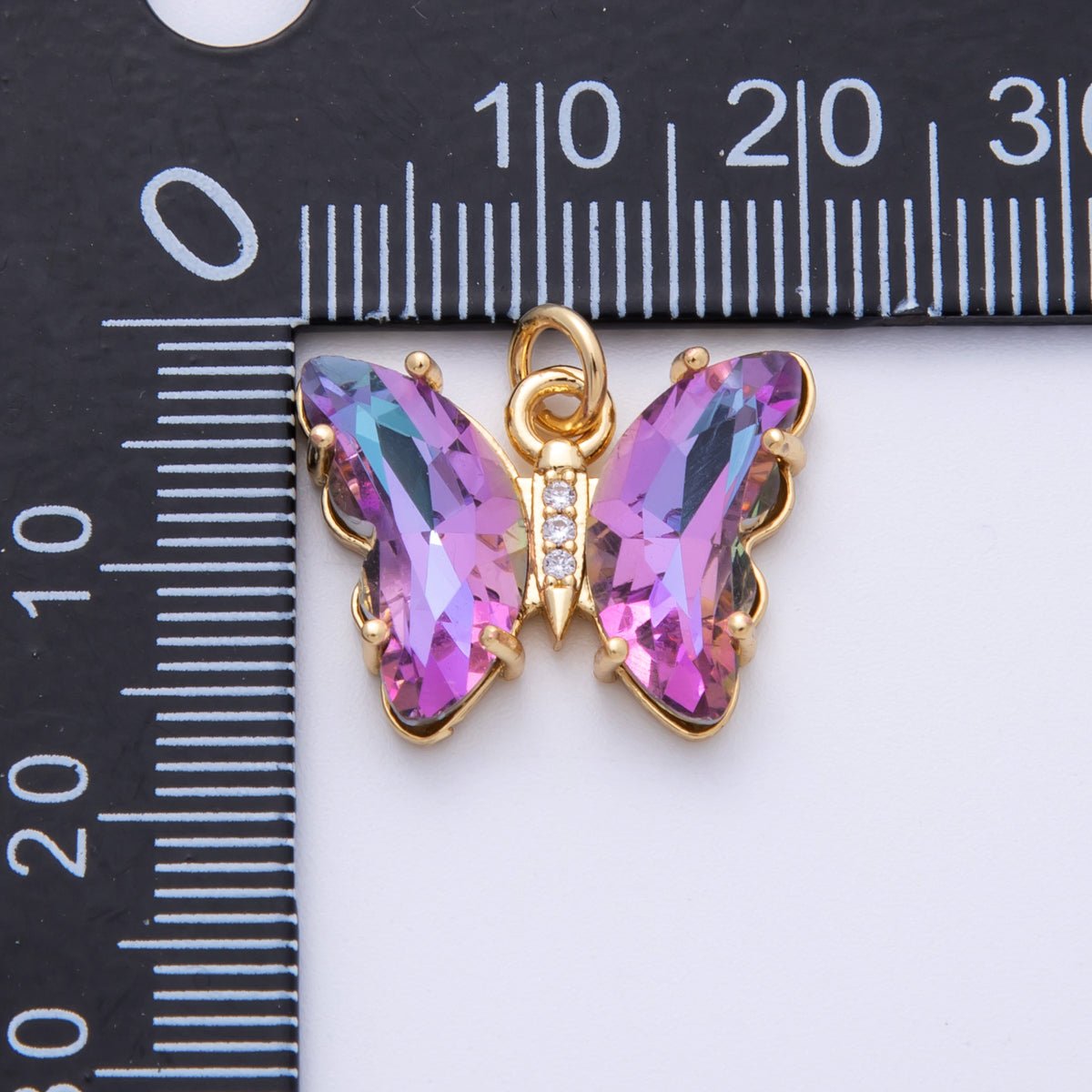 14K Gold Filled 15mm Violet Acrylic Micro Paved CZ Butterfly Charm | E848 - DLUXCA