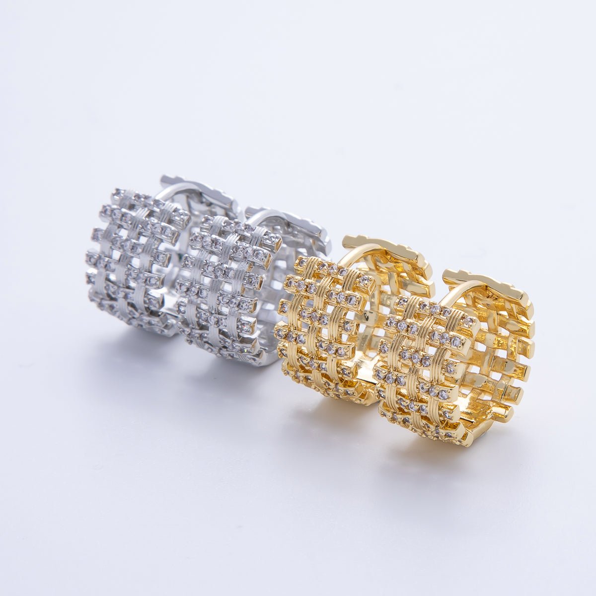 14K Gold Filled 16.5mm Micro Paved CZ Woven Ribbed Huggie Earring in Gold & Silver | EARRINGS - 00006 - 00007 - DLUXCA