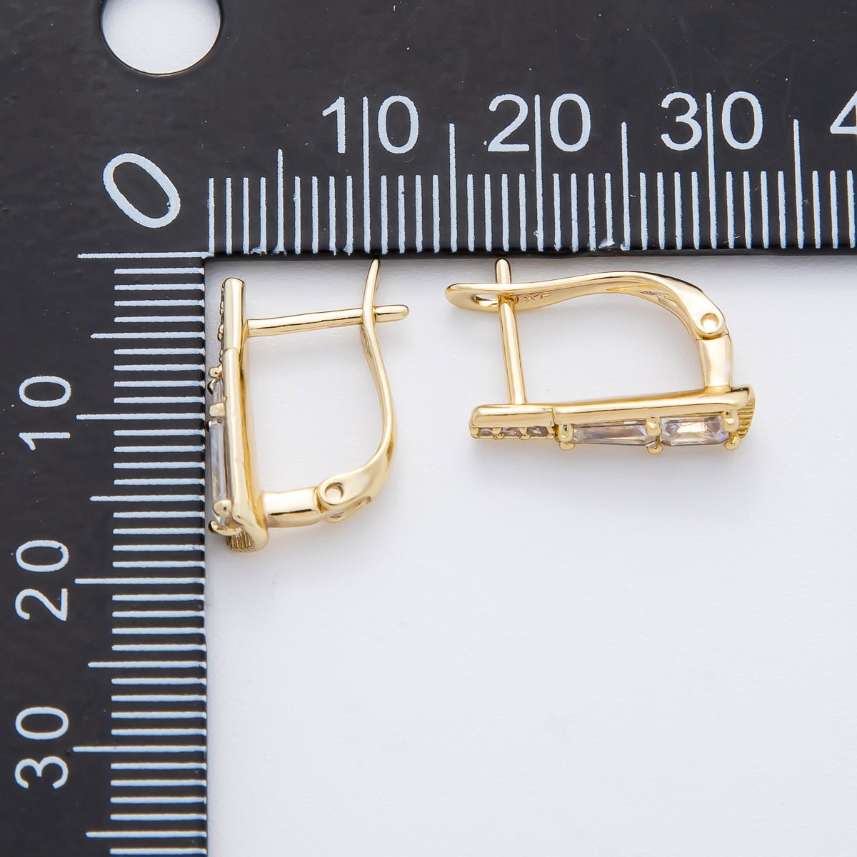 14K Gold Filled 16mm Clear CZ Baguette Micro Paved English Lock Hoop Earrings | AJ237 - DLUXCA