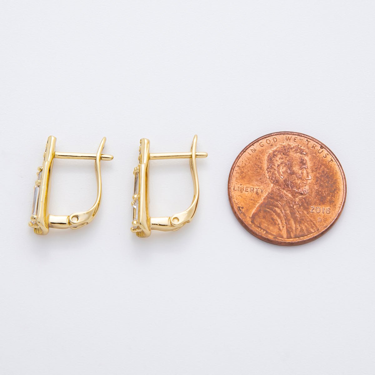 14K Gold Filled 16mm Clear CZ Baguette Micro Paved English Lock Hoop Earrings | AJ237 - DLUXCA