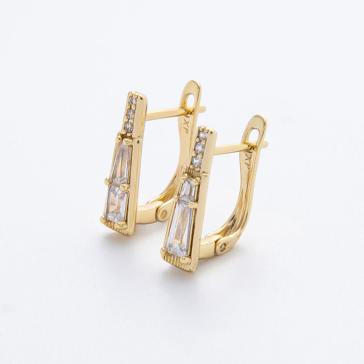14K Gold Filled 16mm Clear CZ Baguette Micro Paved English Lock Hoop Earrings | AJ237 - DLUXCA