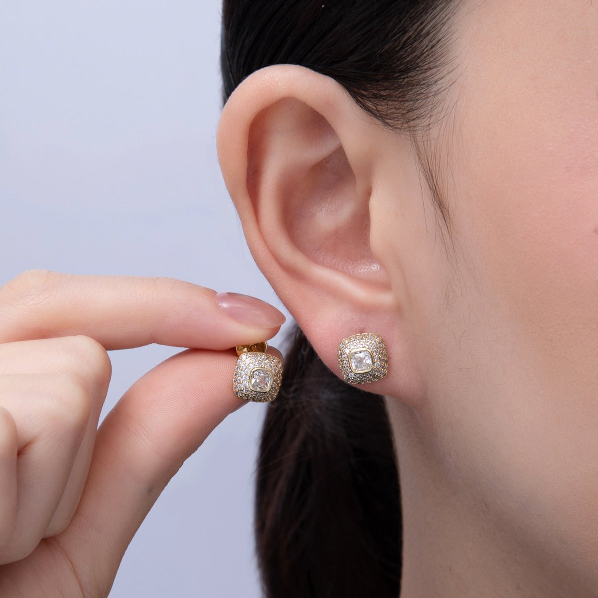 14K Gold Filled 16mm Clear Micro Paved CZ Square Stud Earrings | Earrings - 00034 - DLUXCA