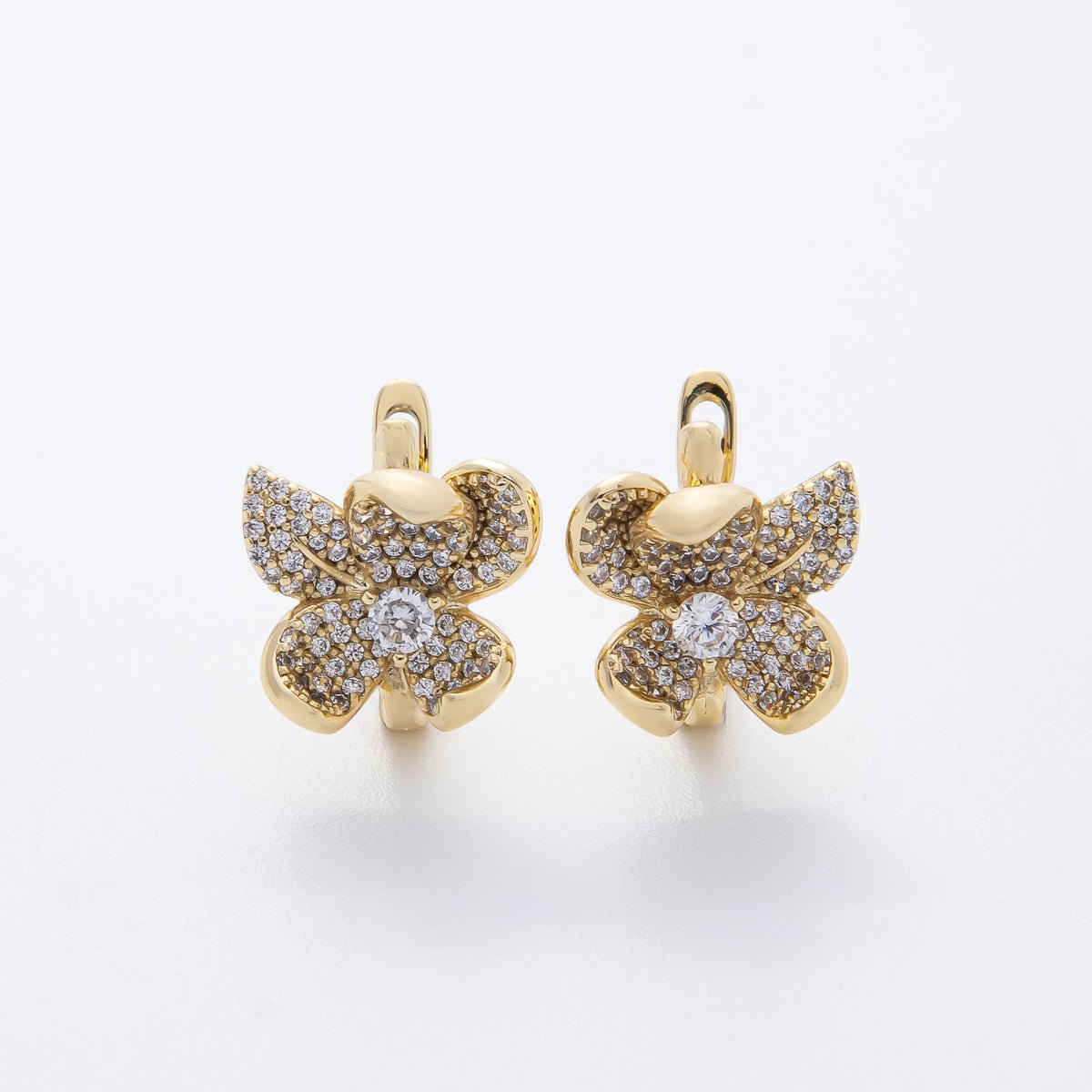 14K Gold Filled 16mm Micro Paved CZ Flower English Lock Hoop Earrings | AJ245 - DLUXCA