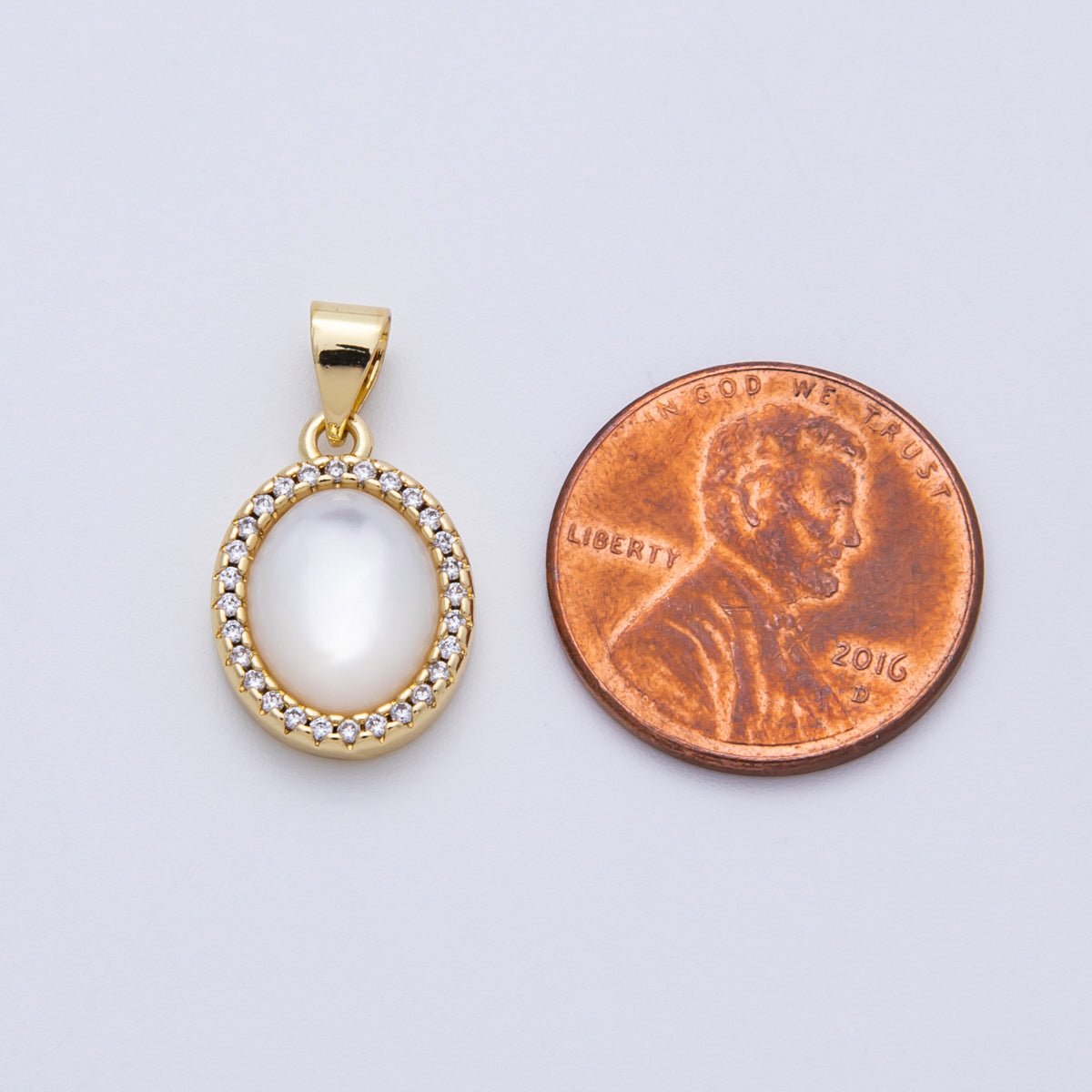 14K Gold Filled 16mm Shell Pearl Cabochon Micro Paved CZ Oval Pendant | AA1510 - DLUXCA