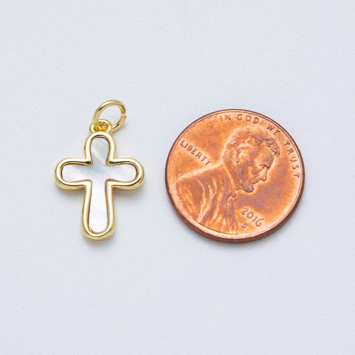 14K Gold Filled 17.2mm Shell Pearl Minimalist Religious Cross Charm | Charms - 00040 - DLUXCA