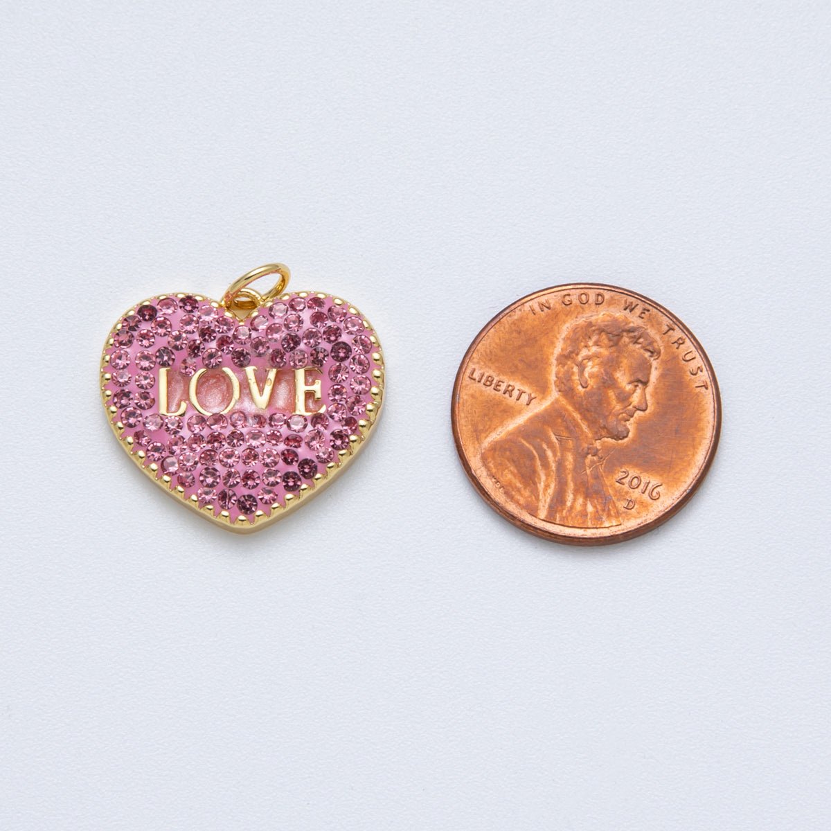 14K Gold Filled 17.5mm "LOVE" Script Pink Micro Paved CZ Heart Charm | Charms - 00067 - DLUXCA