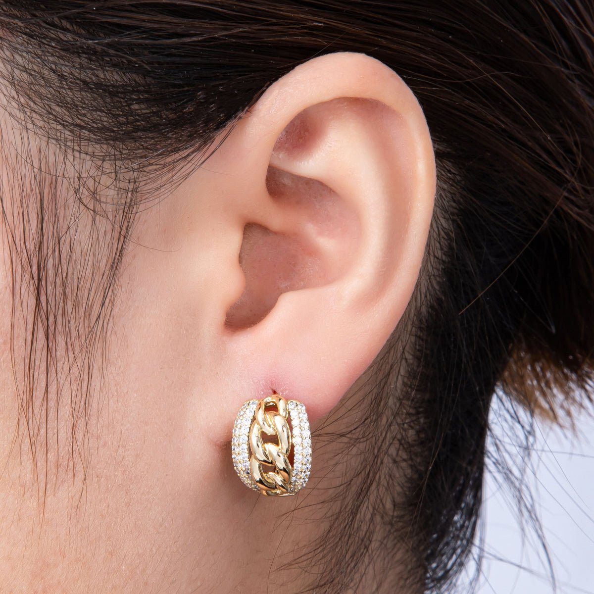 14K Gold Filled 17.5mm Micro Paved CZ Curb Chain Huggie Earrings | Earrings - 00144 - DLUXCA