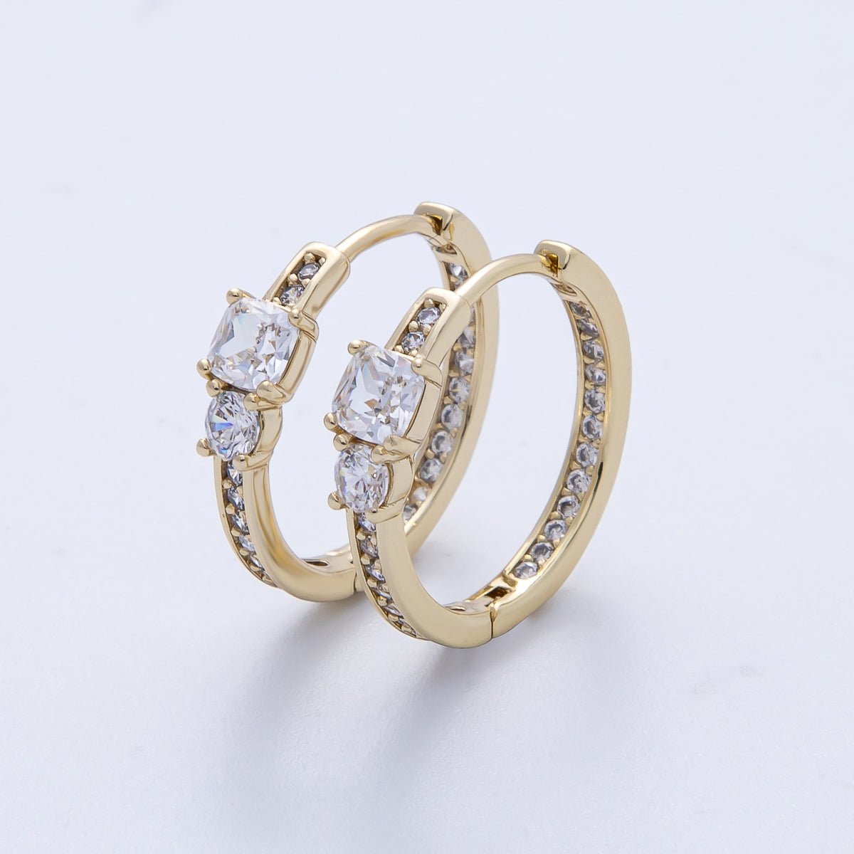 14K Gold Filled 17.5mm Micro Paved CZ Solitaire Front - Facing Huggie Earrings | Earrings - 00101 - DLUXCA