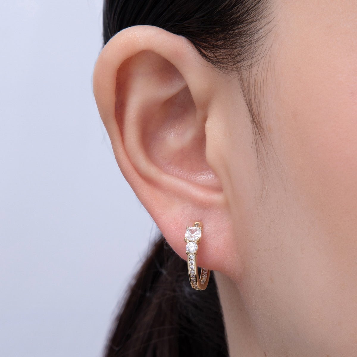 14K Gold Filled 17.5mm Micro Paved CZ Solitaire Front - Facing Huggie Earrings | Earrings - 00101 - DLUXCA