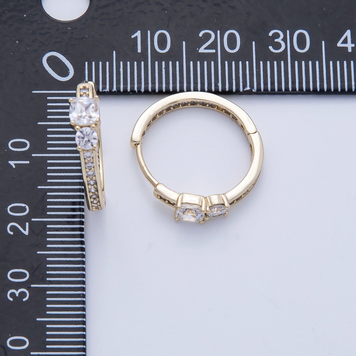 14K Gold Filled 17.5mm Micro Paved CZ Solitaire Front - Facing Huggie Earrings | Earrings - 00101 - DLUXCA