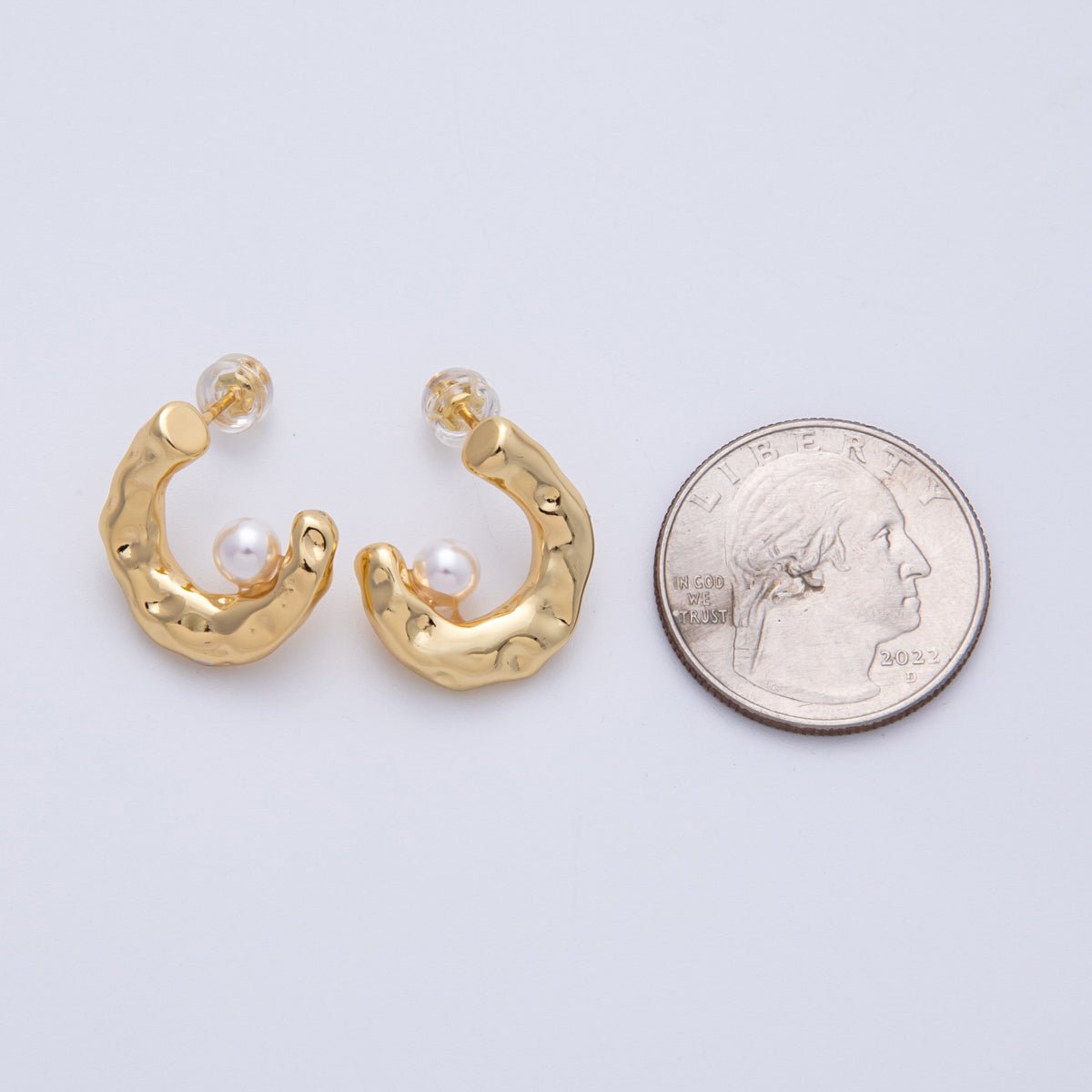 14K Gold Filled 17.5mm Shell Pearl Hammered C - Shaped Stud Earrings | Earrings - 00050 - DLUXCA