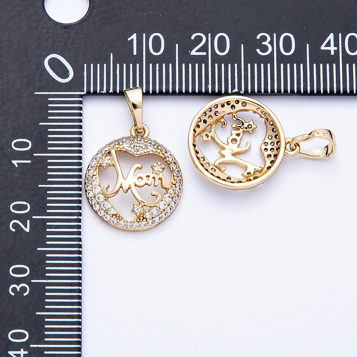 14K Gold Filled 17mm Micro Paved CZ "MOM" Open Round Charm | Charms - 000329 - DLUXCA