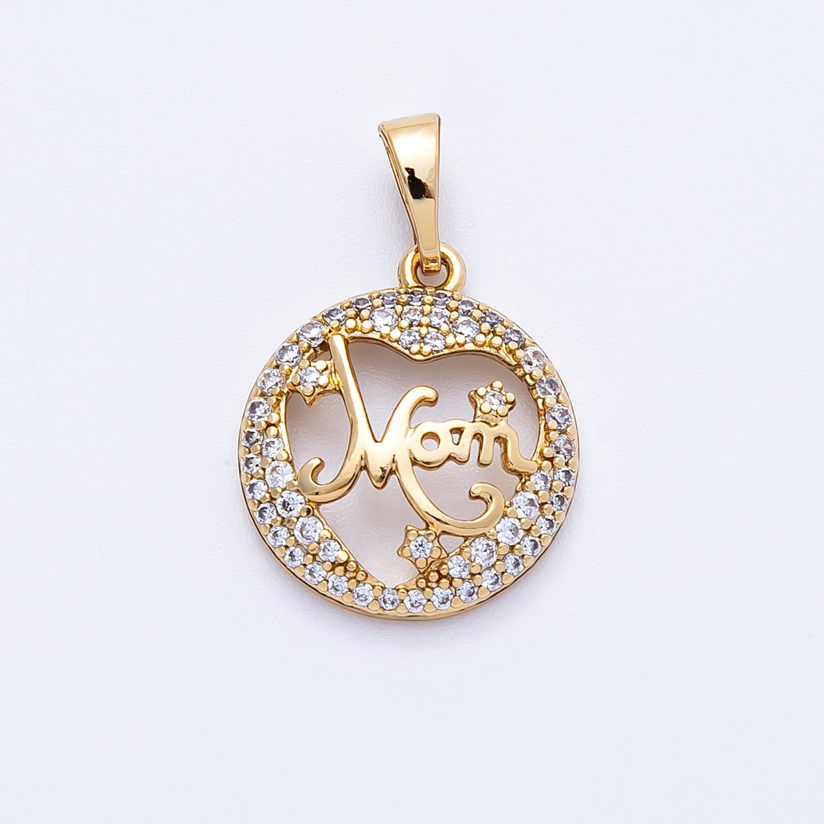 14K Gold Filled 17mm Micro Paved CZ "MOM" Open Round Charm | Charms - 000329 - DLUXCA