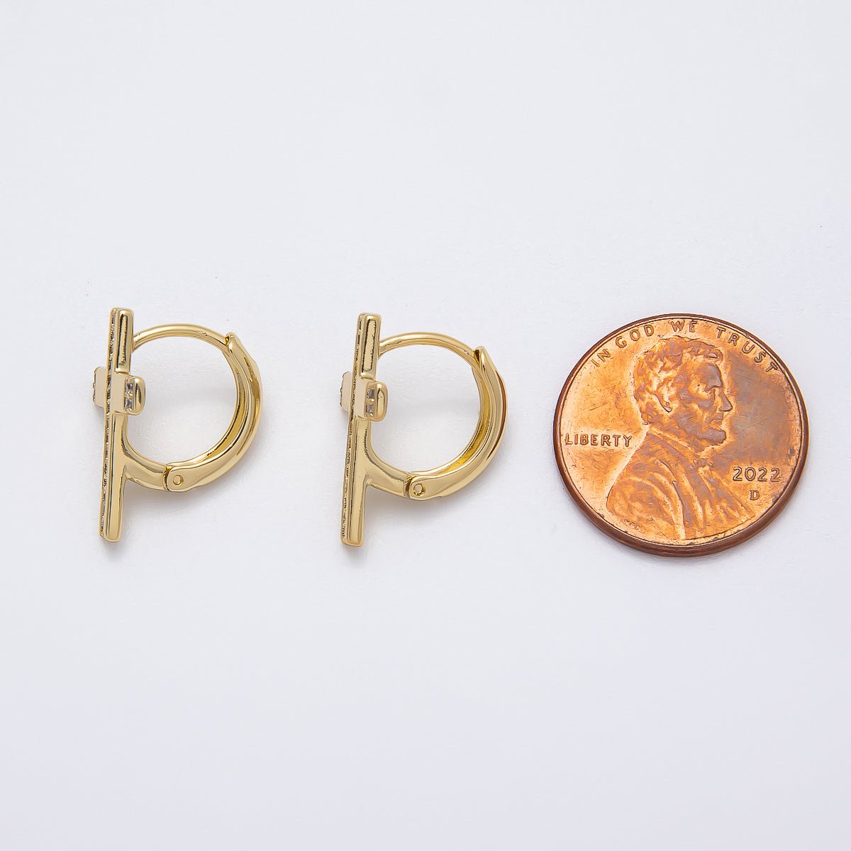 14K Gold Filled 17mm Micro Paved CZ Religious Cross Huggie Earrings | Earrings - 00266 - DLUXCA