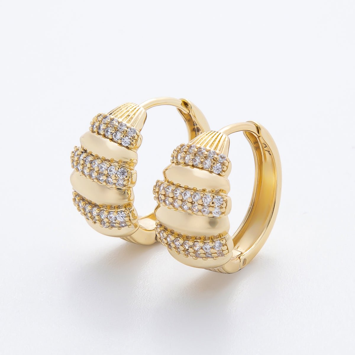 14K Gold Filled 17mm Micro Paved CZ Ribbed Croissant Hoop Earrings | AJ247 - DLUXCA