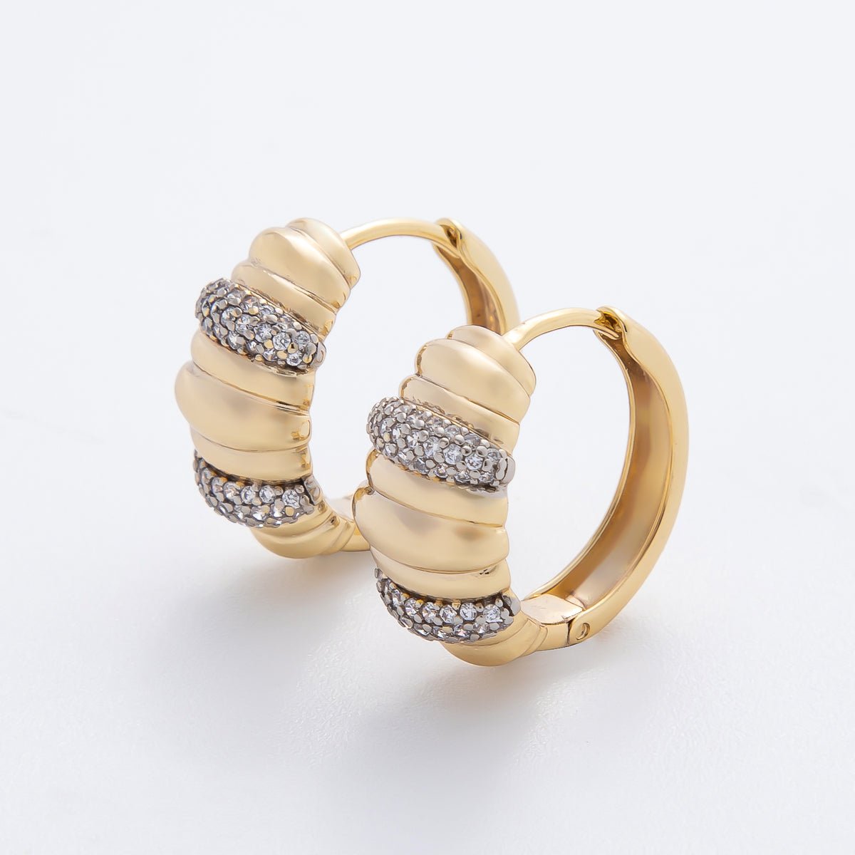 14K Gold Filled 17mm Mixed Metal Croissant Micro Paved CZ Hoop Earrings | AJ248 - DLUXCA