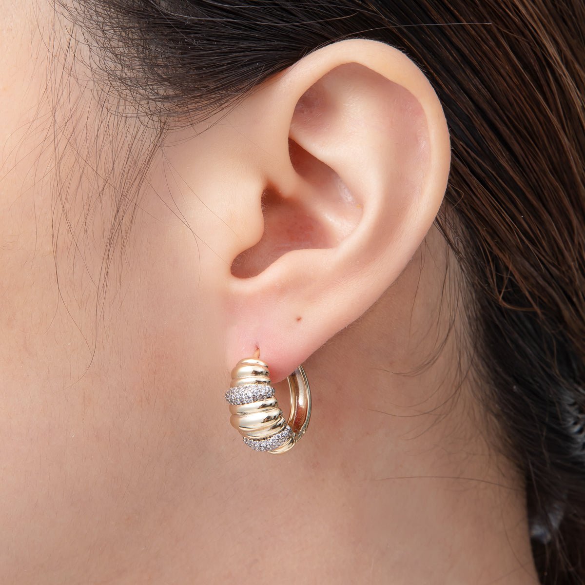 14K Gold Filled 17mm Mixed Metal Croissant Micro Paved CZ Hoop Earrings | AJ248 - DLUXCA