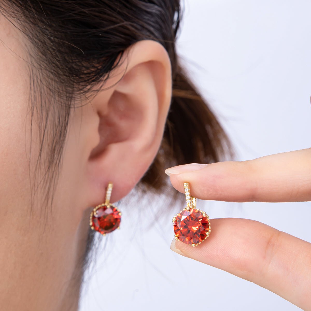 14K Gold Filled 18.5mm Red CZ Micro Paved CZ English Lock Hoop Earrings | Earrings - 00176 - DLUXCA