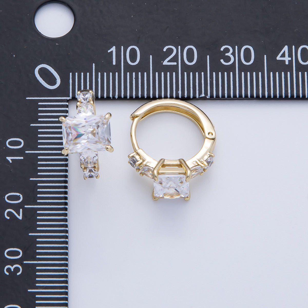 14K Gold Filled 18.8mm Clear CZ Baguette Gradient Huggie Earrings | Earrings - 00081 - DLUXCA