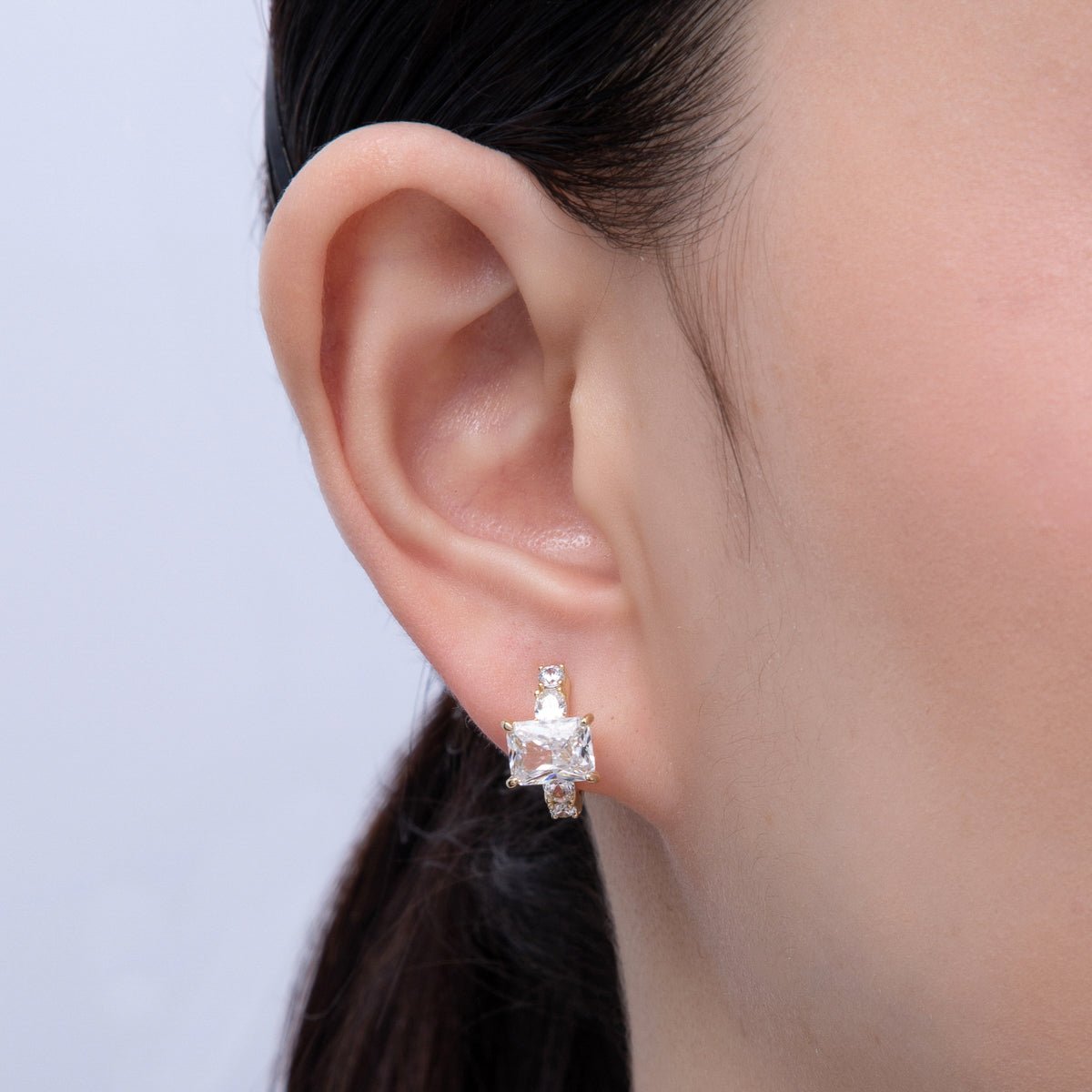 14K Gold Filled 18.8mm Clear CZ Baguette Gradient Huggie Earrings | Earrings - 00081 - DLUXCA