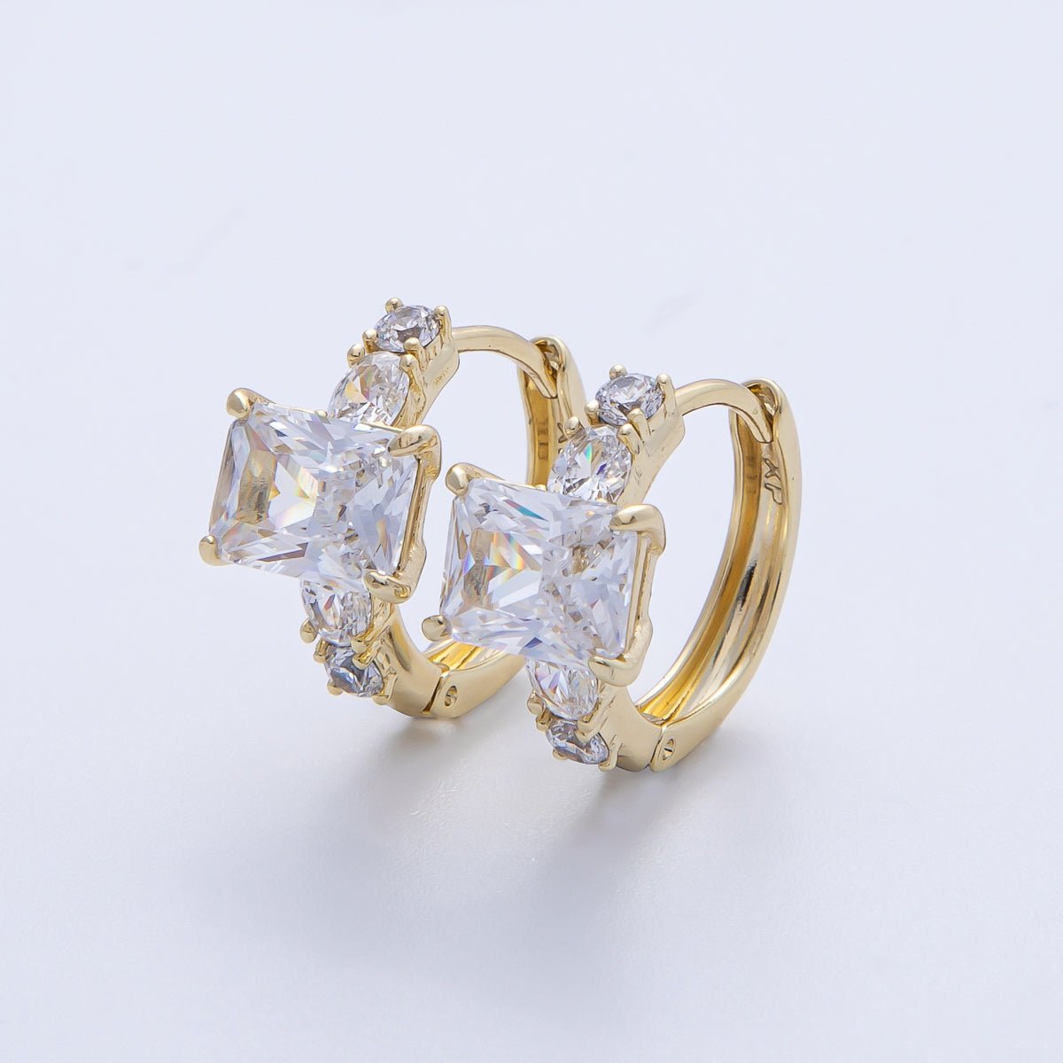 14K Gold Filled 18.8mm Clear CZ Baguette Gradient Huggie Earrings | Earrings - 00081 - DLUXCA