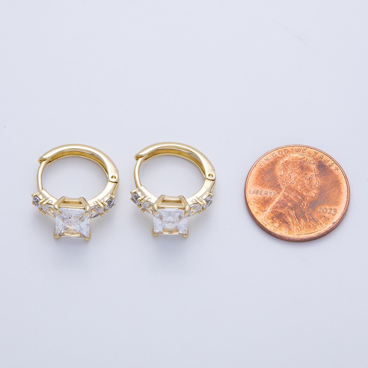 14K Gold Filled 18.8mm Clear CZ Baguette Gradient Huggie Earrings | Earrings - 00081 - DLUXCA