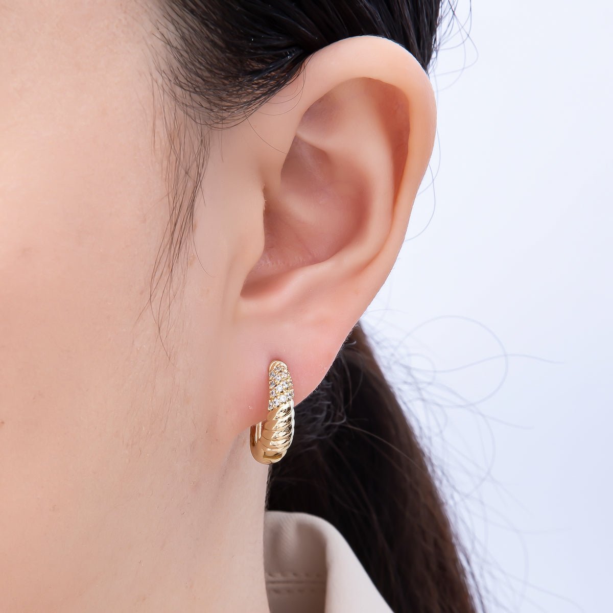 14K Gold Filled 18mm Micro Paved CZ Croissant Huggie Earrings | Earrings - 00264 - DLUXCA
