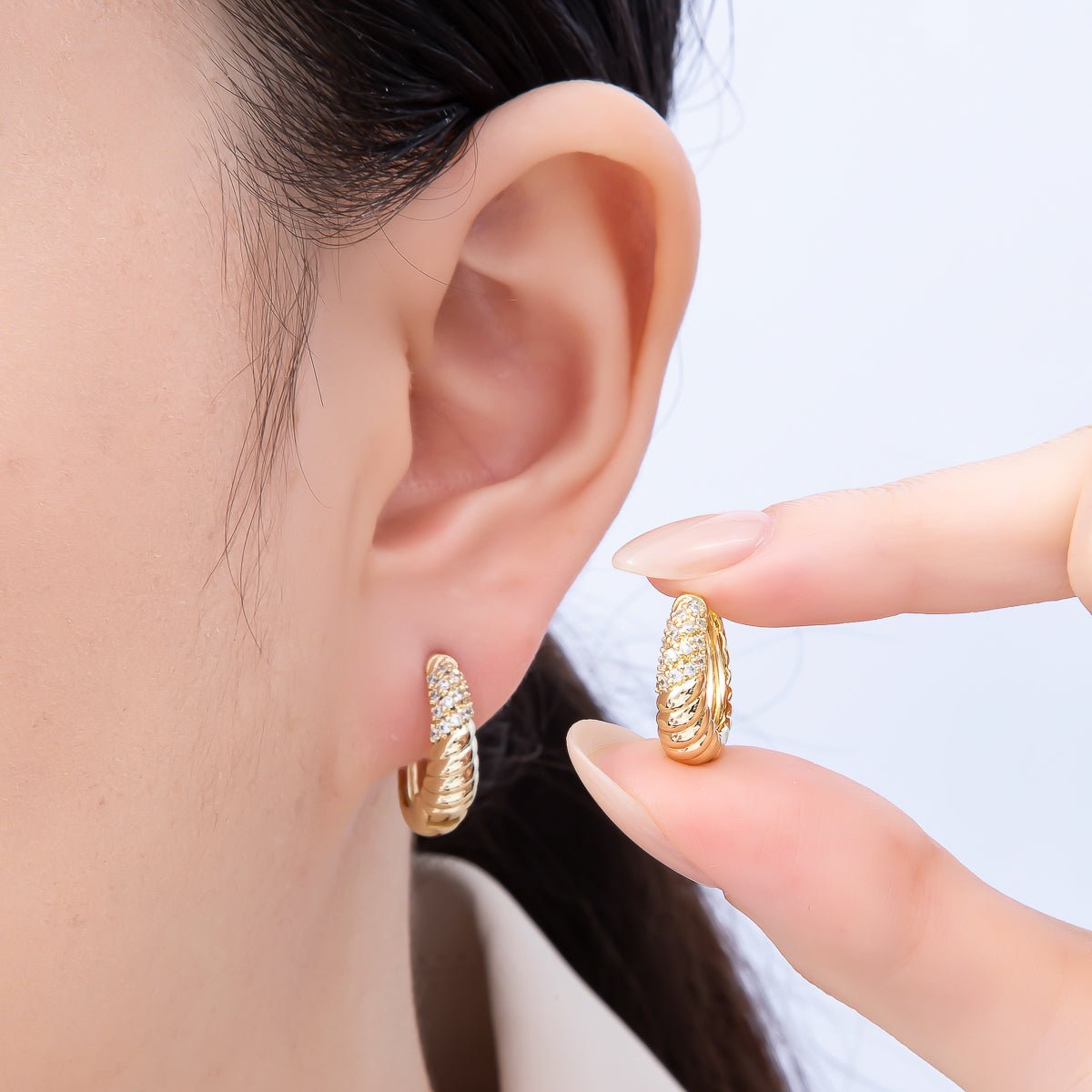 14K Gold Filled 18mm Micro Paved CZ Croissant Huggie Earrings | Earrings - 00264 - DLUXCA