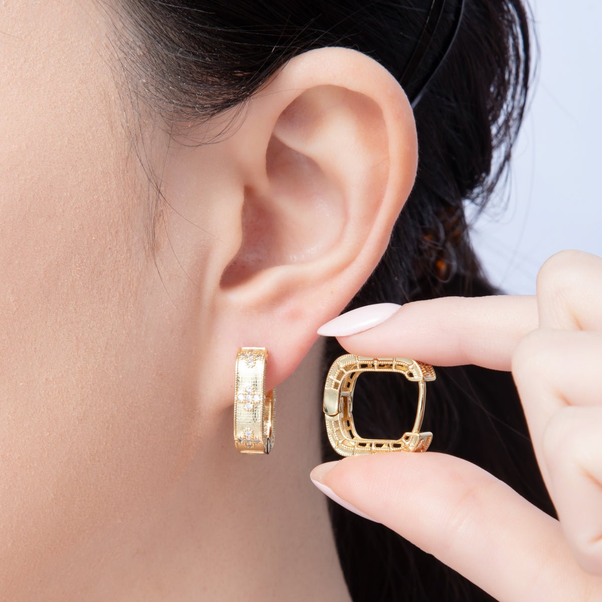 14K Gold Filled 19.5mm Flower CZ Square Hoop Earrings in Gold & Silver | Earr - 00017 Earr - 00018 - DLUXCA
