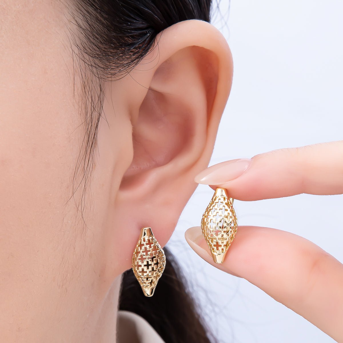 14K Gold Filled 19mm Cross Filigree Open English Lock Hoop Earrings | Earrings - 00357 - DLUXCA