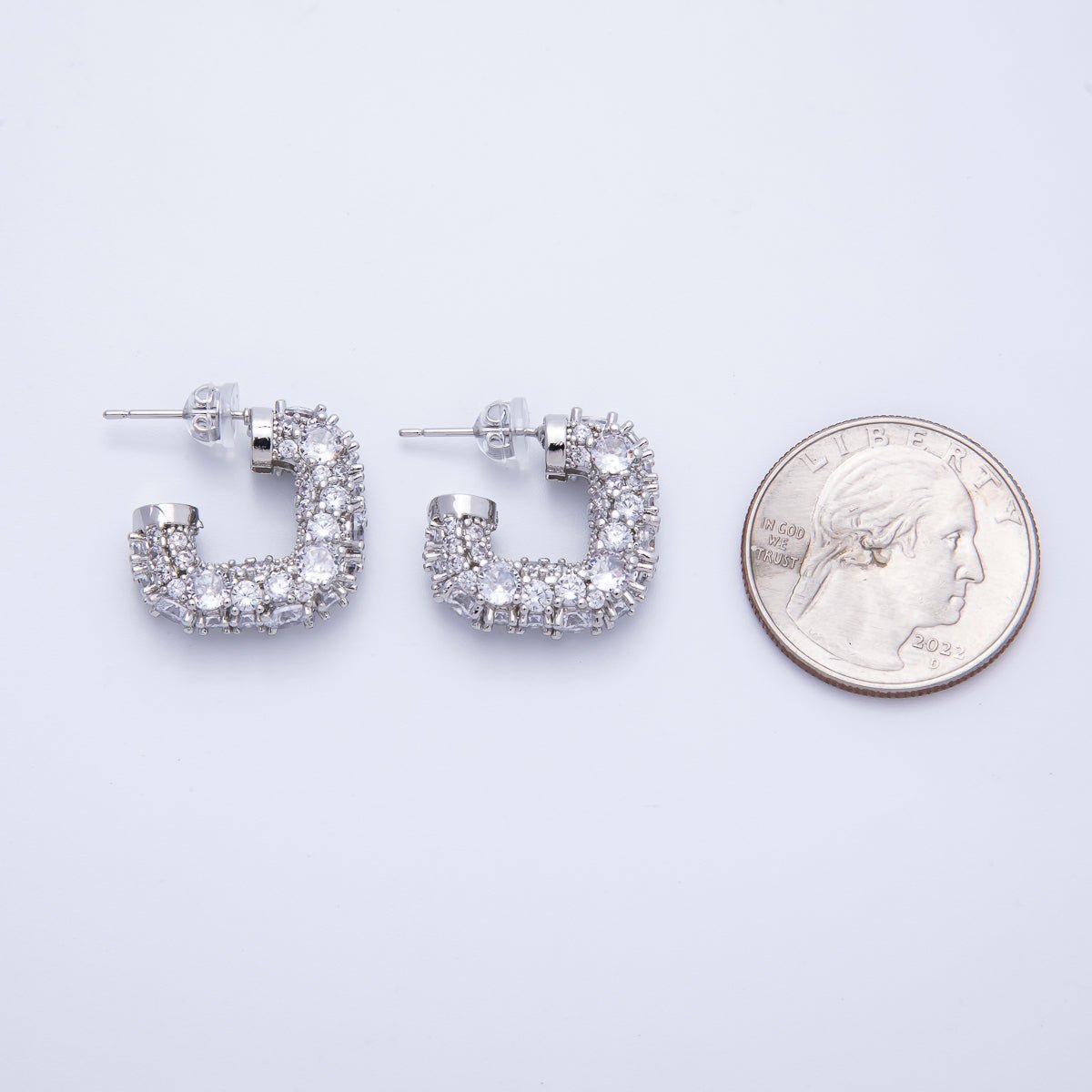14K Gold Filled 19mm Micro Paved CZ Square J - Shaped Hoop Earrings in Gold & Silver | Earr - 00015 Earr - 00016 - DLUXCA