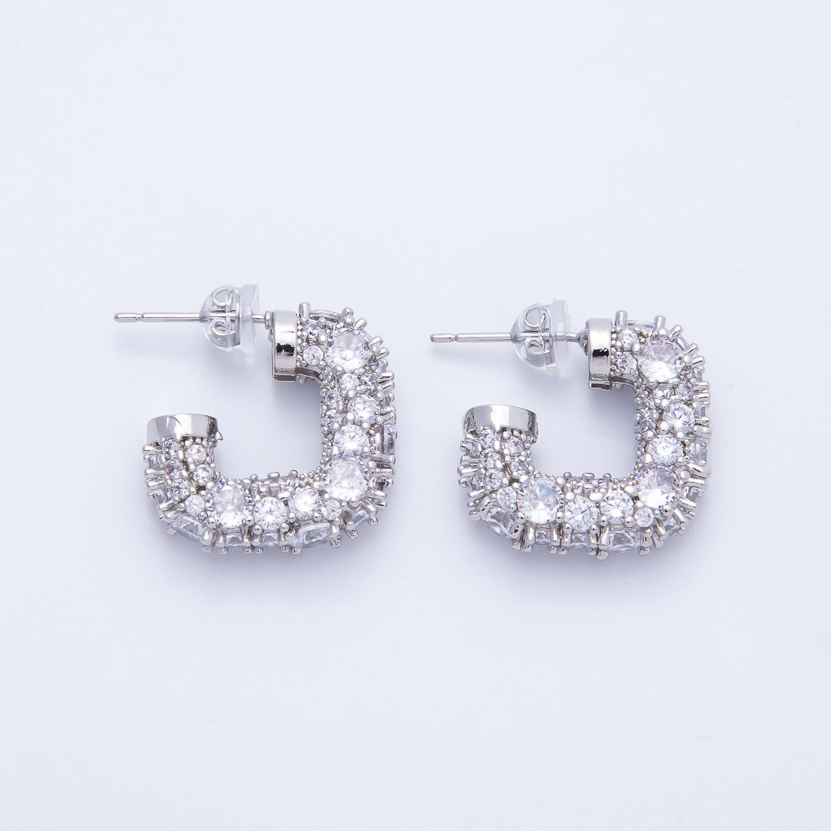 14K Gold Filled 19mm Micro Paved CZ Square J - Shaped Hoop Earrings in Gold & Silver | Earr - 00015 Earr - 00016 - DLUXCA