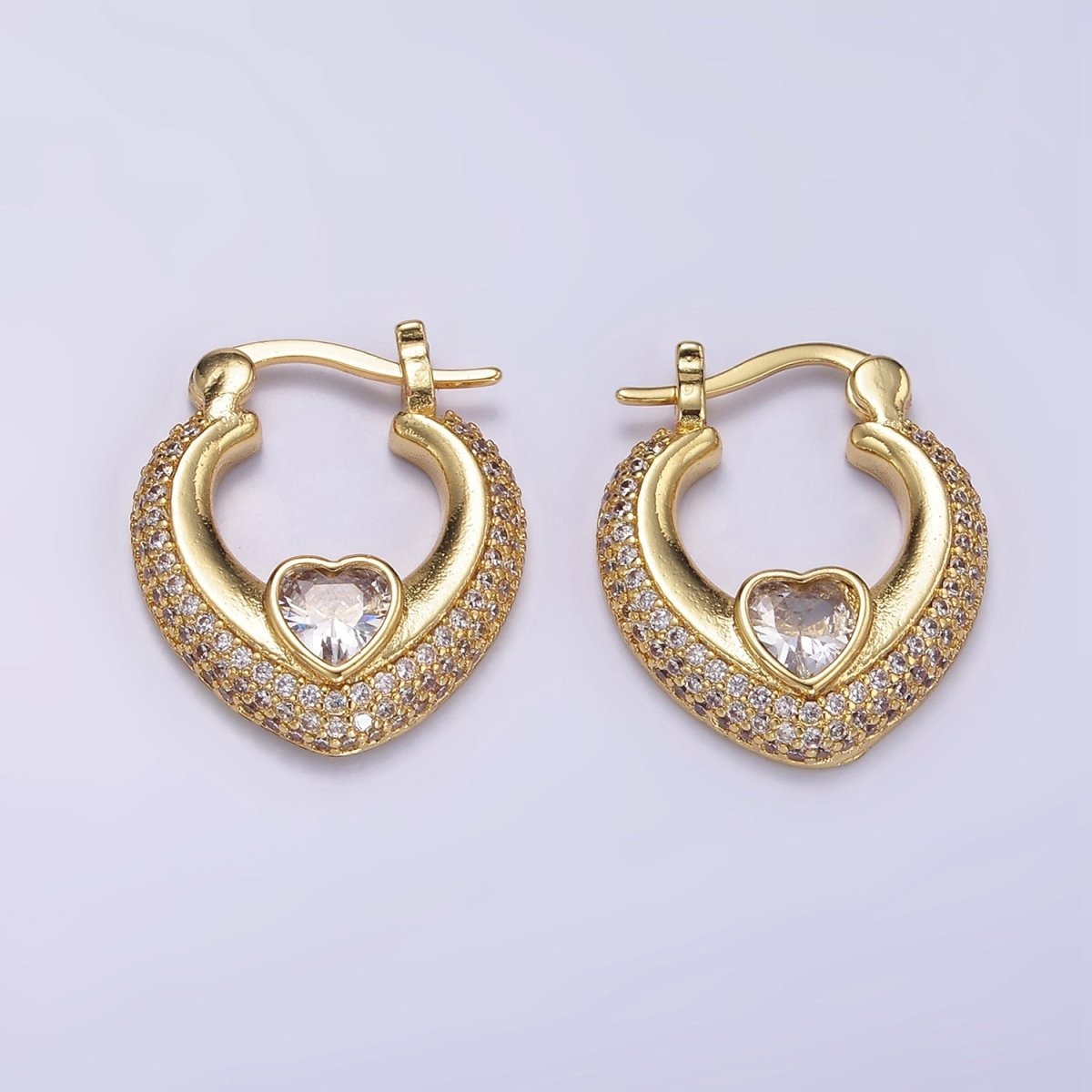 14K Gold Filled 20mm Heart CZ Micro Paved Latch Hoop Earrings Set | AB1173 - DLUXCA