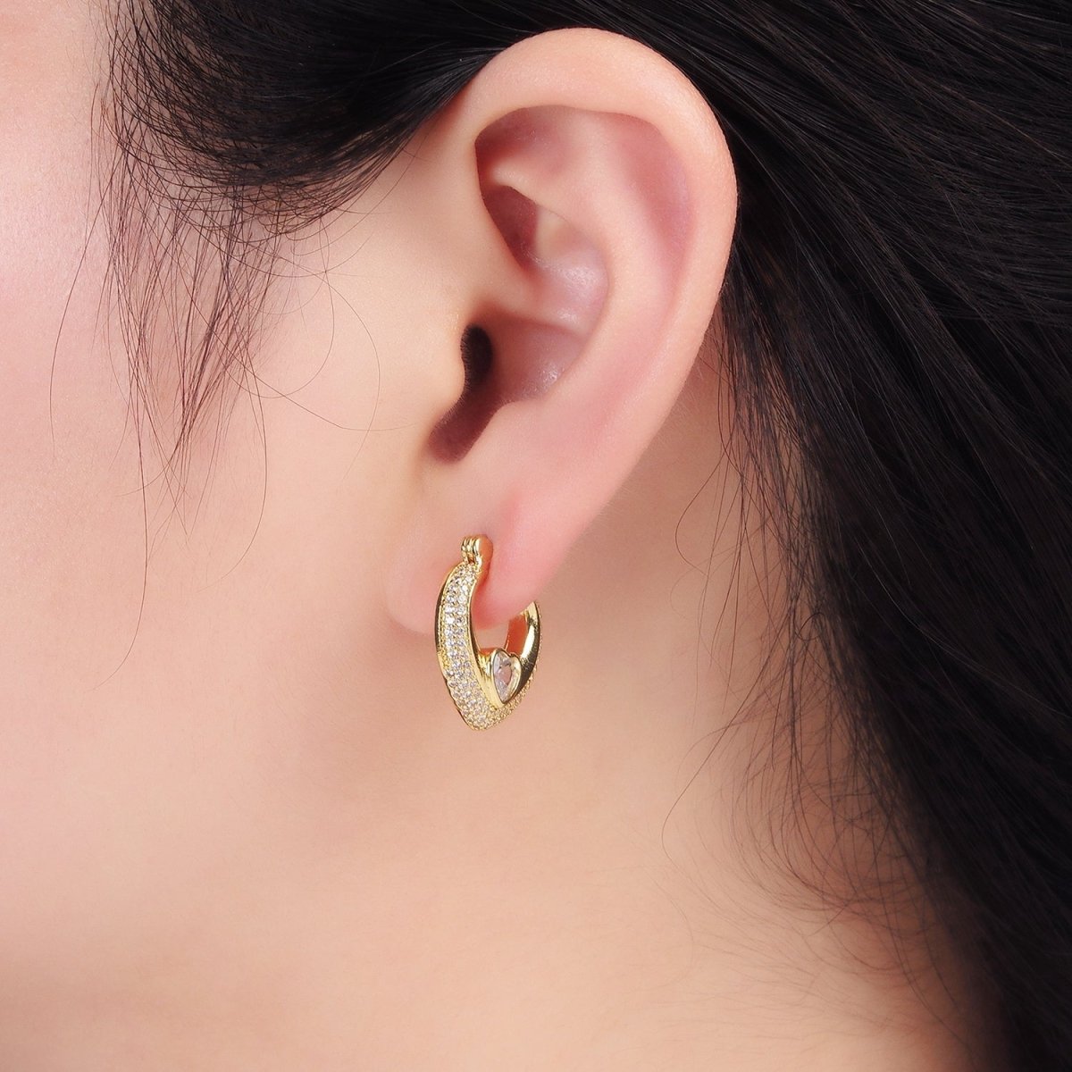 14K Gold Filled 20mm Heart CZ Micro Paved Latch Hoop Earrings Set | AB1173 - DLUXCA