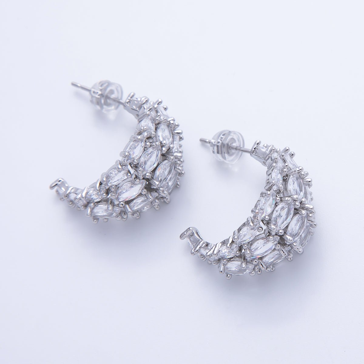 14K Gold Filled 22.5mm Clear CZ Marquise C - Shaped Hoop Earrings in Gold & Silver | EARRINGS - 00008 - 00009 - DLUXCA