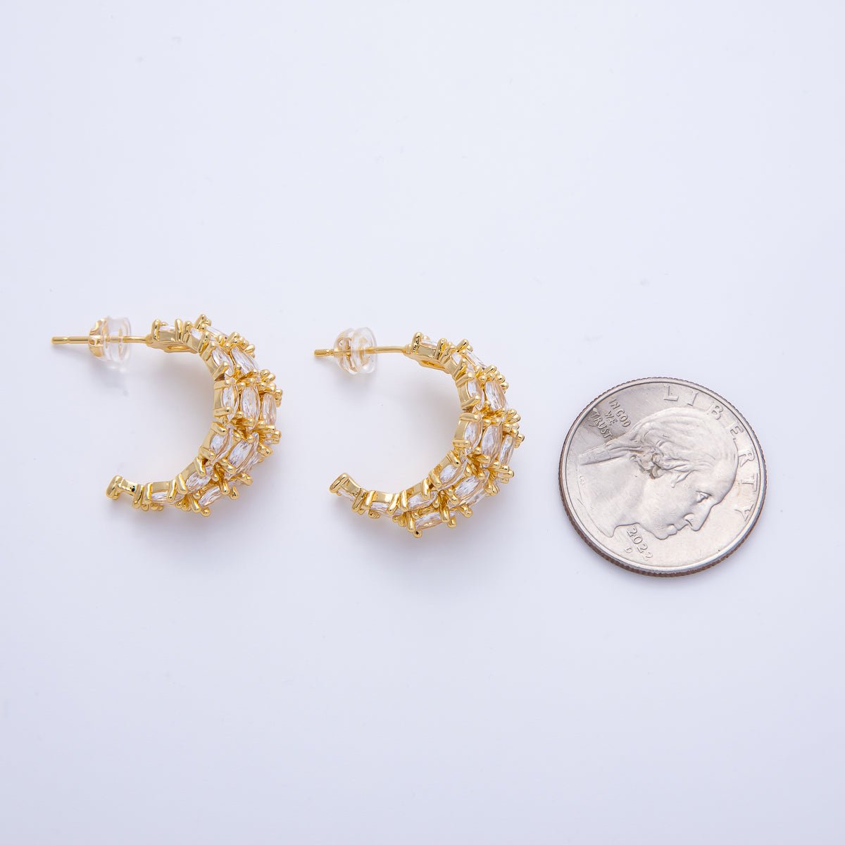 14K Gold Filled 22.5mm Clear CZ Marquise C - Shaped Hoop Earrings in Gold & Silver | EARRINGS - 00008 - 00009 - DLUXCA