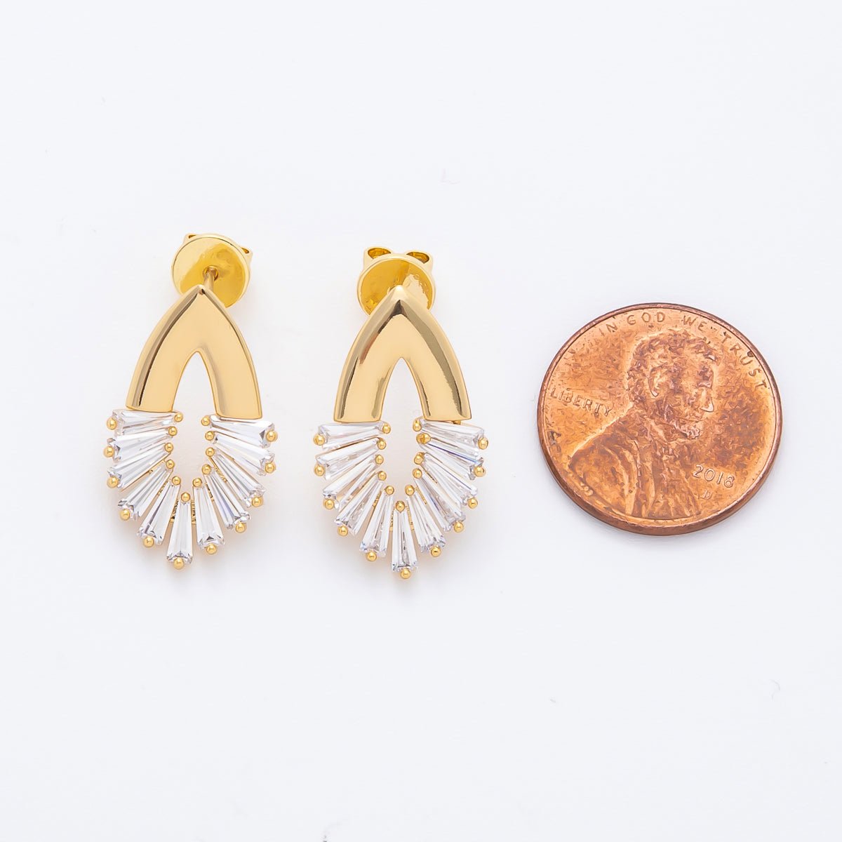 14K Gold Filled 23mm Clear CZ Triangle Baguette Open Navette Geometric Stud Earrings | AJ242 - DLUXCA