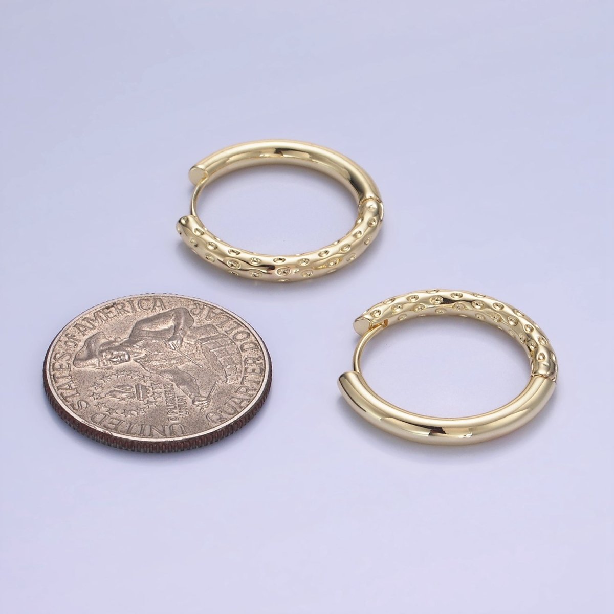 14K Gold Filled 23mm Dotted Hammered Hoop Earrings in Gold & Silver | AE213 - DLUXCA