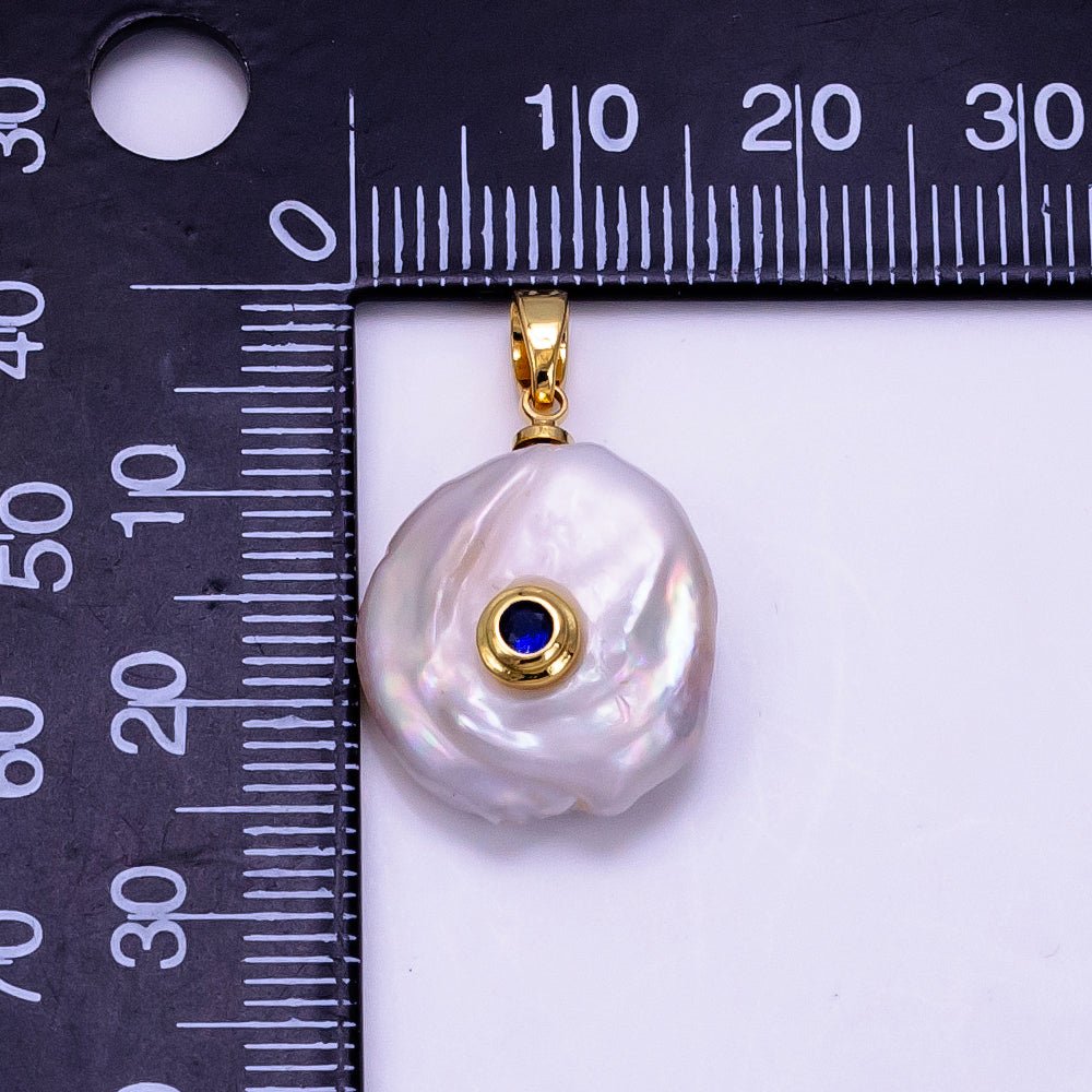 14K Gold Filled 25mm Blue, Clear CZ Keshi Freshwater Pearl Pendant | P1740 - DLUXCA