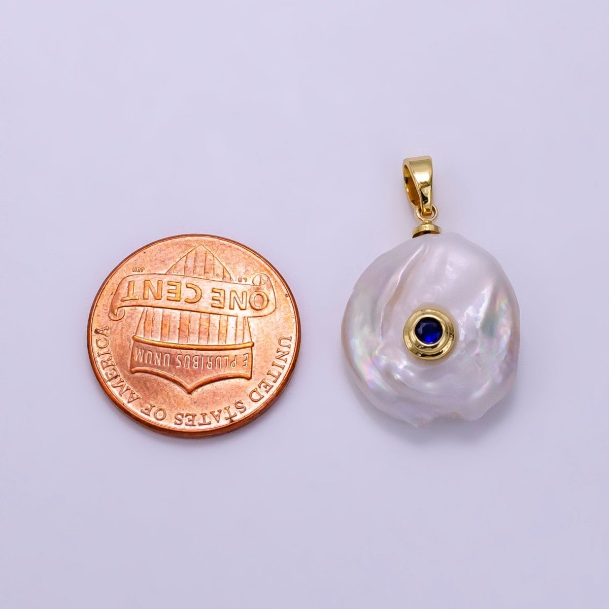 14K Gold Filled 25mm Blue, Clear CZ Keshi Freshwater Pearl Pendant | P1740 - DLUXCA