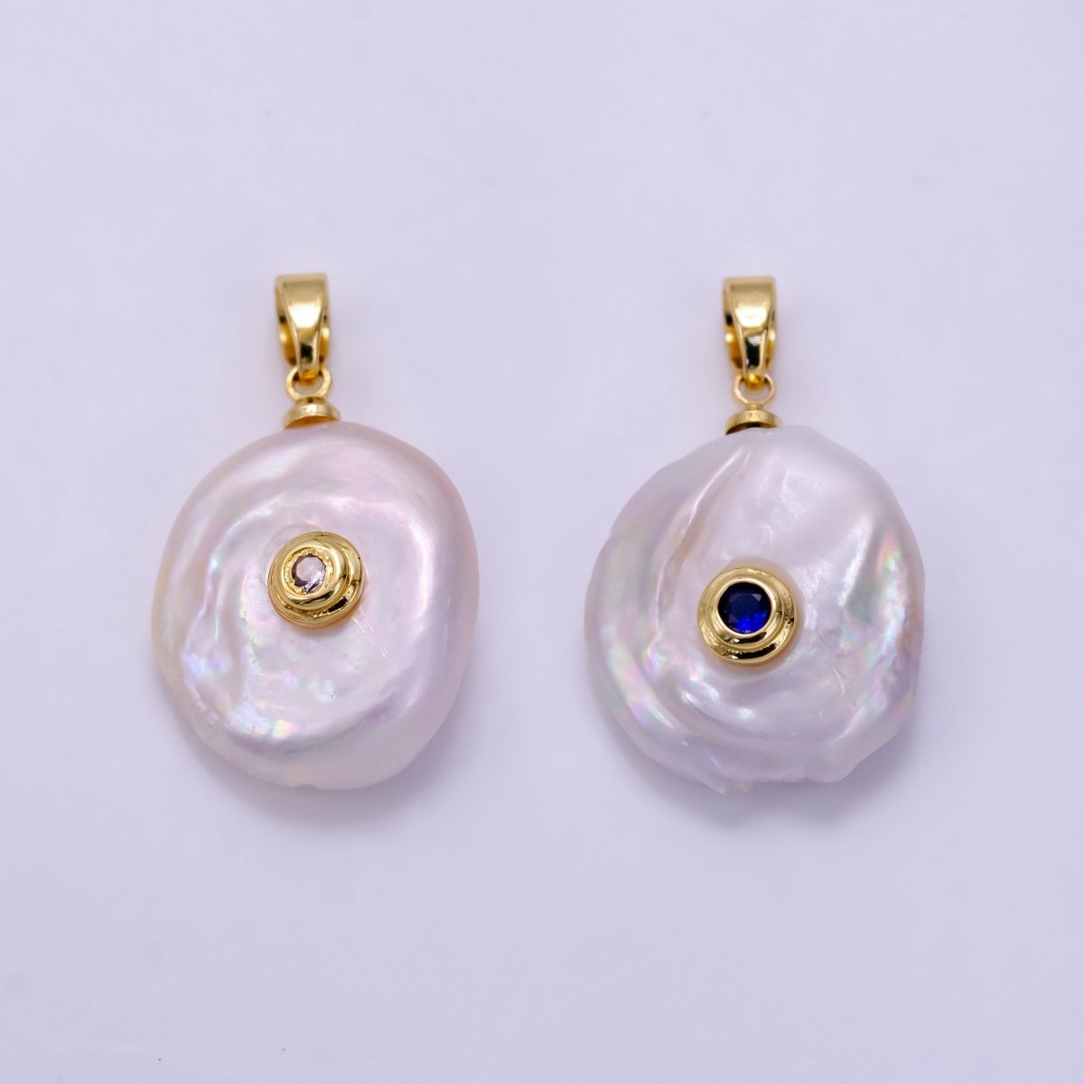 14K Gold Filled 25mm Blue, Clear CZ Keshi Freshwater Pearl Pendant | P1740 - DLUXCA