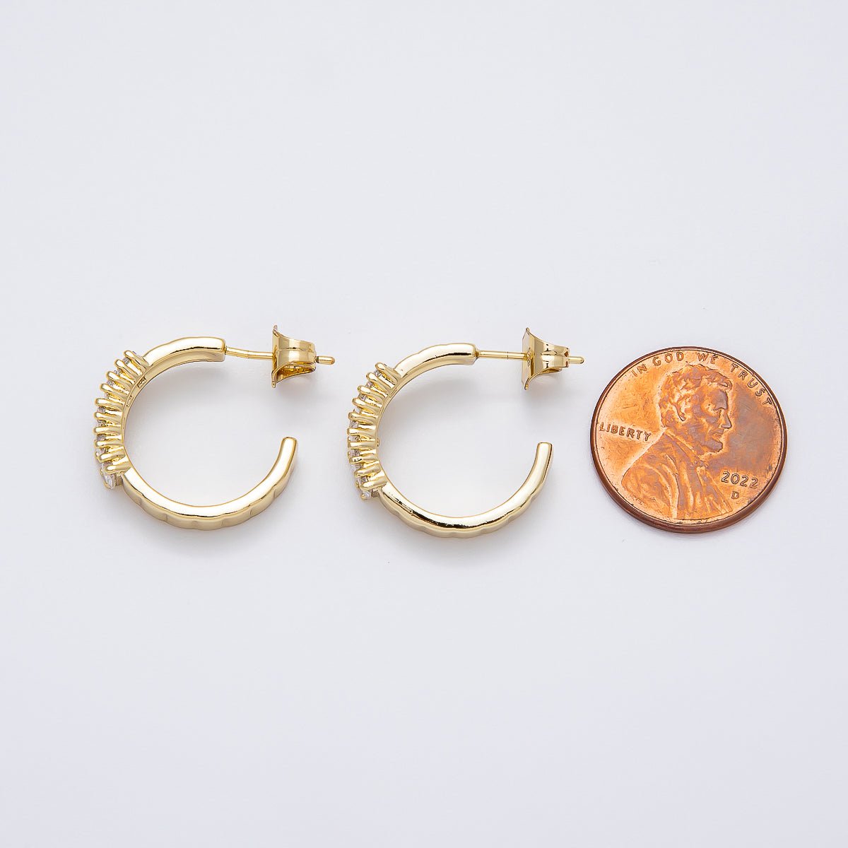 14K Gold Filled 25mm Clear CZ Baguette C - Shaped Hoop Earrings | Earrings - 00272 - DLUXCA