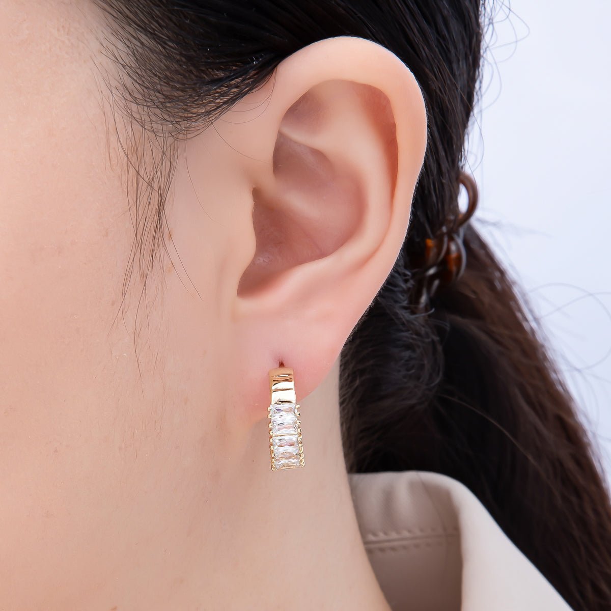 14K Gold Filled 25mm Clear CZ Baguette C - Shaped Hoop Earrings | Earrings - 00272 - DLUXCA