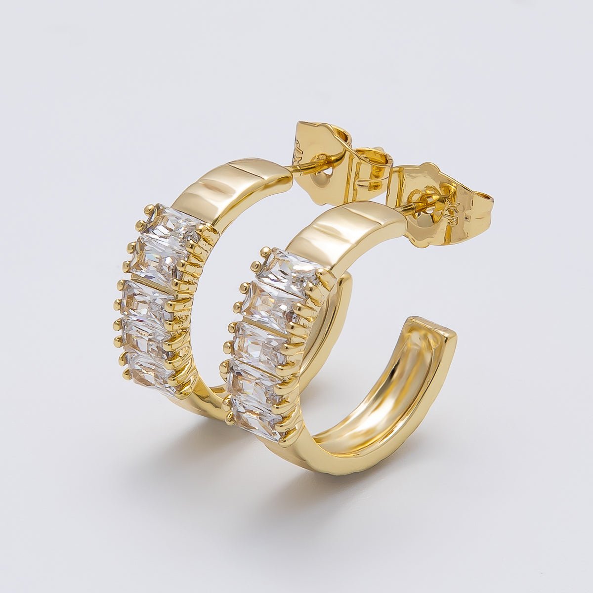 14K Gold Filled 25mm Clear CZ Baguette C - Shaped Hoop Earrings | Earrings - 00272 - DLUXCA